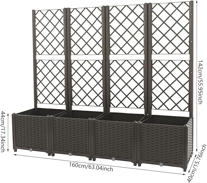4Pcs Planter Box with Trellis Plastic Raised Garden Bed with Trellis &amp Drainage Holes Privacy Planter Boxes for Climbing Plant Flowers Vegetables for Garden Patio Backyard(Brown)