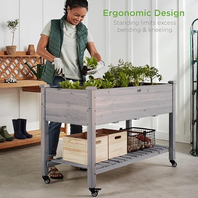 Raised Garden Bed with Legs Naturally Rot-Resistant Elevated Wood Planter Box Stand for for Backyard Patio Balcony w/Bed Liner 200lb Capacity(Color:Gray)
