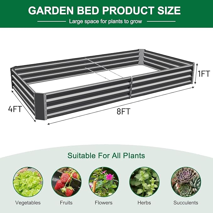Land Guard 2 Pack 8×4×1ft Galvanized Metal Raised Garden Bed Metal Planter Kit Box Outdoor for Deep-Rooted Vegetables Flowers Green and Herbs (Mid-Grey)