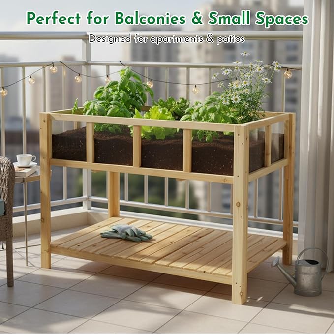 Raised Garden Bed with Transparent Acrylic Panels Elevated Wooden Raised Garden Bed Planter Fir Wood Outdoor Planter Box for Herbs Flowers &amp Patio Balcony Gardening (Natural)