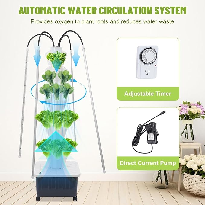 Vertical Hydroponic Tower Garden Kit - 40 Plant Indoor Growing System with LED Grow Lights 8-Tier Planter on Wheels Smart Timer for Herbs Fruits and Vegetables