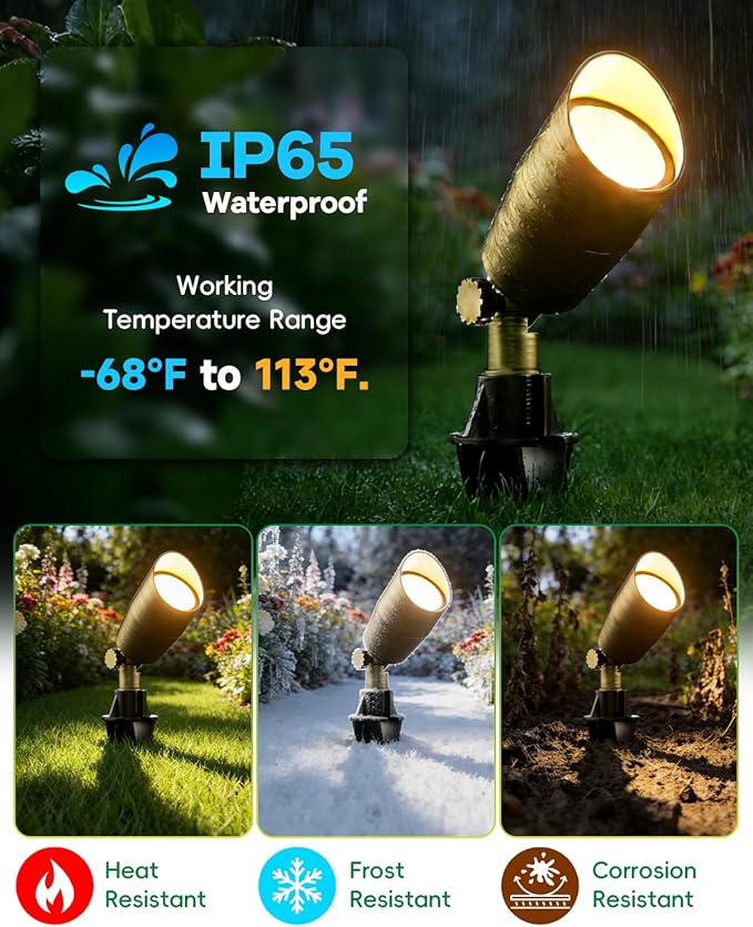 Low Voltage Brass Landscape Light Solid Outdoor Spotlight with Replaceable MR16 LED Bulb 5W 2700K Warm White 12V 24V Landscape Lighting Waterproof Design for Garden Yard