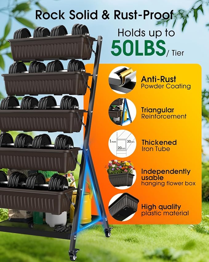 5-Tier Vertical Garden Bed Planter Boxes with Wheels Drainage System &amp Storage Space Mobile Vertical Garden Planter with 5 S-Hooks for Plants Vegetables Flowers Herbs in Garden Patio Yard