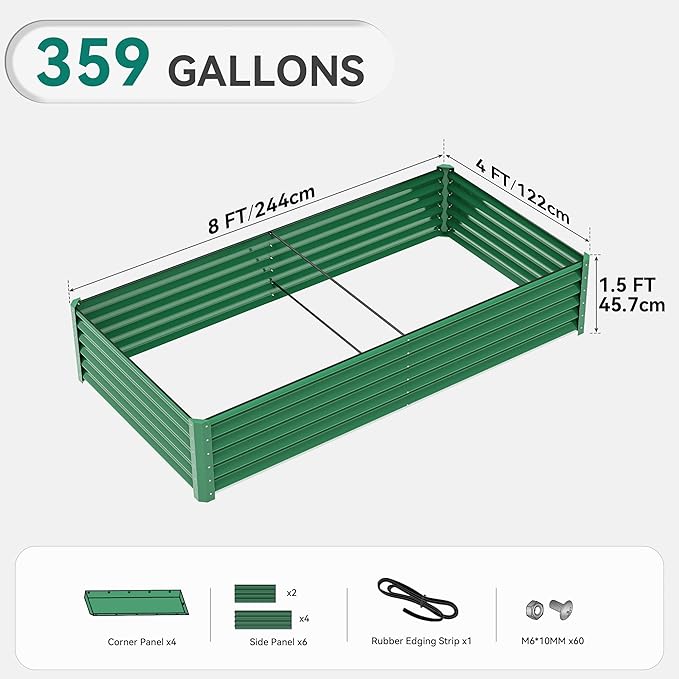 YITAHOME 2pcs 8x4x1.5 in Galvanized Raised Garden Bed Kit Large Metal Planter Box with Gloves Safety Rubber &amp Support Rod Outdoor Flower Bed for Plants Vegetables Green