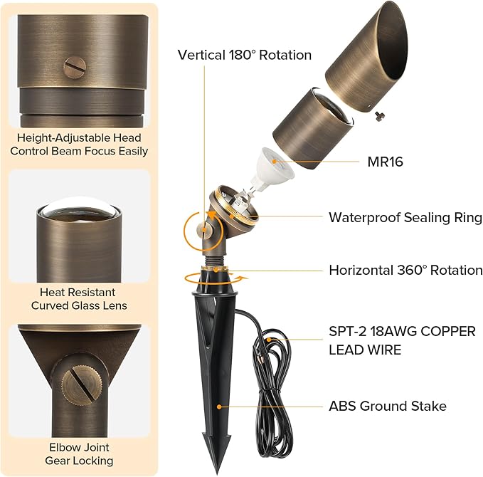 LUTEC Solid Brass Low Voltage Landscape Lighting 12V Heavy Duty Waterproof Landscape Spotlights Adjustable Bronze Uplights Outdoor Fixtures for Garden Yard Pathway Tree with MR16 Bulb