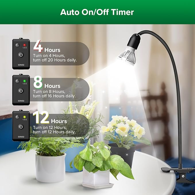 SANSI LED Grow Lights for Indoor Plants Lifetime Free Bulb Replacement 150W Full Spectrum Gooseneck Clip Plant Grow Light Plant Light with Timer 4/8/12 Hrs High PPFD Growing Power Grow Lamp