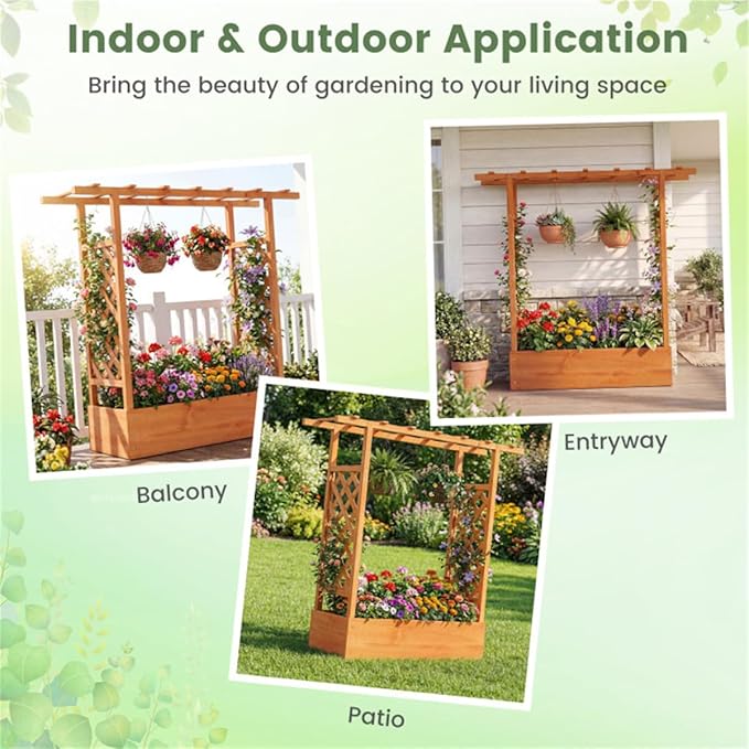Fir Wooden Raised Garden Bed with Trellis &amp Flat Roof Planter Box for Climbing Plants Outdoor Planting Stand Roof Climbing Plant Support Raised Beds Backyard Planter Wooden Garden Planter - Ora