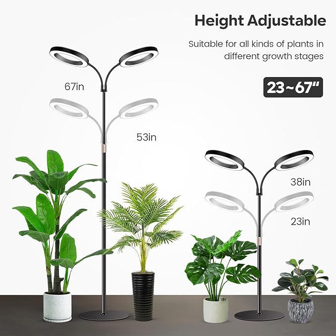 Garpsen Halo Grow Lights Dual-Head Full Spectrum LED Plant Lights for Indoor Growing with Stand 3 Color Modes Grow Lamp with Timer 6/12/16H 5 Dimmable Levels 168 LEDs and 67''Height Adjustable