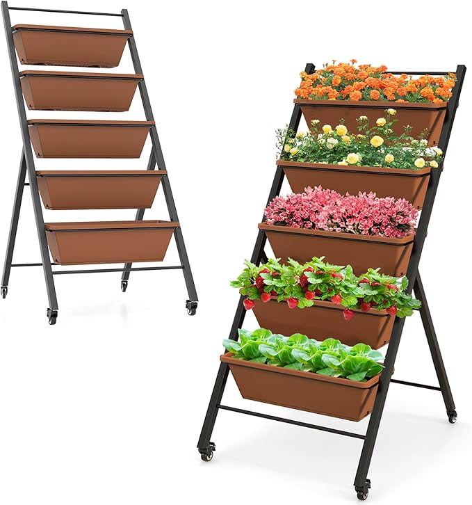 Raised Garden Bed on Wheels 5-Tier Elevated Planter Box with Removable Base Drainage Hole &amp Metal Frame Outdoor Garden Planter Container for Flower Vegetables (2 Brown)