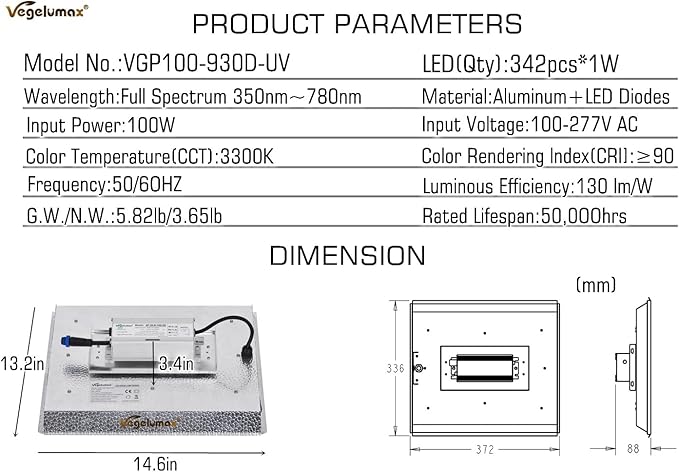 100Watt LED Plant Grow LampIncluding UV IR DiodesSunlike Full Spectrum Growing Light for Hydroponic Indoor Seeding Veg Bloom Commercial Grow Greenhouse 4x2 4x4 Plant TentPower Dimmable