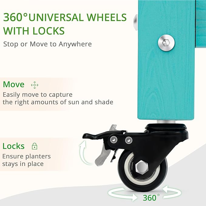 LUE BONA Raised Garden Bed with Wheels 48 * 16.7 * 28 in Poly Elevated Outdoor Planter Box with Tools Weather Resistant Standing Growing Bed Herb Planter for Vegetable Flowers Fruits