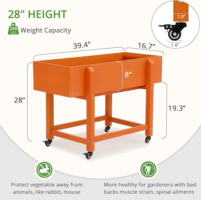 LUE BONA Raised Garden Bed with Wheels 39.4 * 16.7 * 28 in Poly Elevated Outdoor Planter Box with Tools Weather Resistant Standing Growing Bed Herb Planter for Vegetable Flowers Fruits