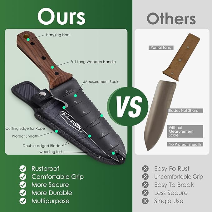 Hori Hori Garden Knife Garden Tools with Sheath for Weeding Planting Digging 7 Stainless Steel Blade with Cutting Edge Full-Tang Walnut Wood Handle with Hanging Hole