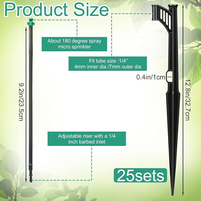 25 Pcs 12.8 Inch Drip Irrigation Stakes with 180 Degree Sprayer Emitters and Sprinkler Extension Riser 1/4 Inch Drip Line Sprinkler Support Stakes for Garden Watering SystemGreen