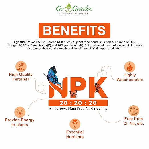 Go Garden NPK 20 20 20 Water Soluble Fertilizer for Plants Growth Fertilizer for Home Plants 100% Water Soluble 900 G