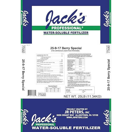 Jack's Professional 25-9-17 Berry Special Water-Soluble Fertilizer with Micronutrients for Blooming and Fruit Set in Plants Grown in Continuous Liquid Feed Programs 25lbs