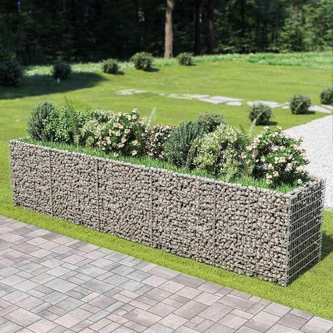 Silver Galvanized Steel Gabion Raised Bed 177.2 x 35.4 x 39.4 in Industrial Planter Box for Large Outdoor Garden Patio Herb Flower Display