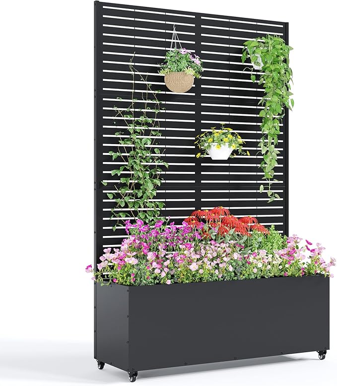 Garvee Metal Raised Garden Bed with Trellis and Wheels 71x47x16 Metal Planter Box with Trellis Privacy Screen for Climbing Plants Vegetable Vines Drainage Holes 15.8 Deep Planting BedBlack