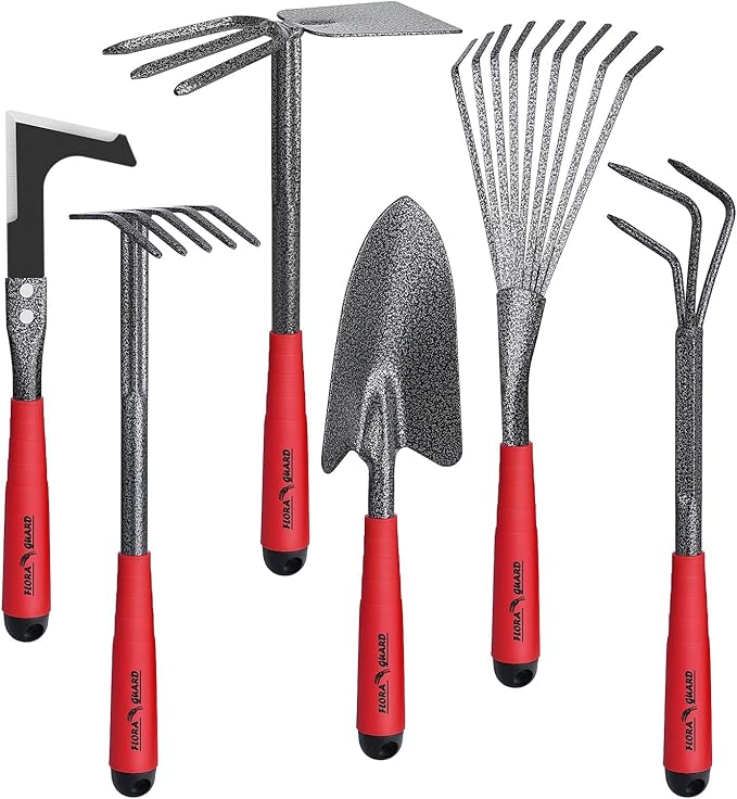 FLORA GUARD 6-Piece Garden Tool Set Heavy Duty Gardening Hand ToolsIncludes Trowel Rake 2-in-1 Hoe &amp Crack Weeder Durable Yard Gardening Tools Ideal Gardening Gift for Men &amp Women