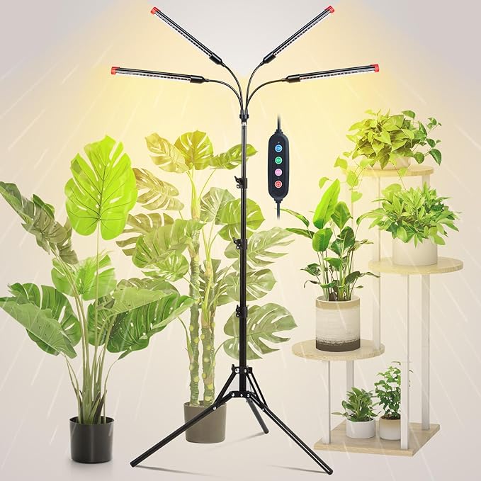 4Head Grow Light with Stand Grow Lights for Indoor Tall Plants Bonsai Tree 4/8/12/16/20H Timer 36 Watt Power Draw NO Need Adapter Bright and Big Coverage Best Gift for Plants Lover