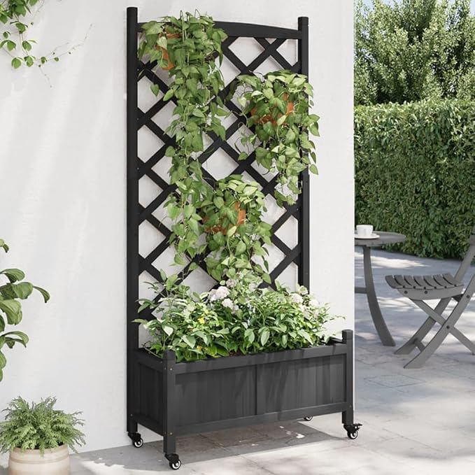 Raised Garden Bed with Trellis and Wheels Black Solid Fir Wood Planter Box for Outdoor Garden Patio Elevated Planter with Drainage for Climbing Plants Flowers Vegetables and More