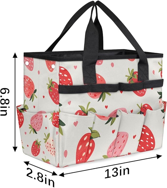 Strawberries Gardening Tool BagHeavy Duty Garden Tote BagPortable Oxford Gardening Storage Basket Organizer Handbag with Pockets HandleHand Tools Gifts for Outdoor Garden Lawn Yard