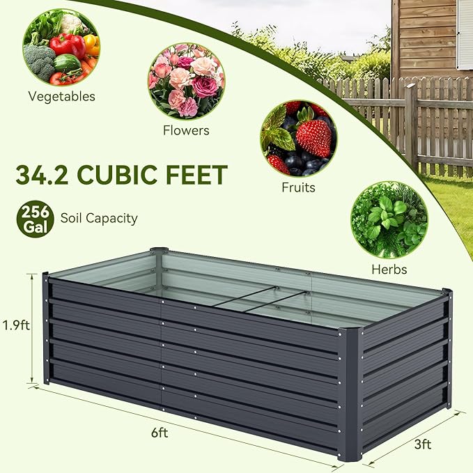 Ohuhu 6x3x1.9FT Metal Raised Garden Bed Outdoor Reinforced Galvanized Steel Rustproof Planter Box 100% Non-Toxic 256 Gal Large Capacity Heavy Duty Raised Beds for Growing Vegetables Flowers Herbs