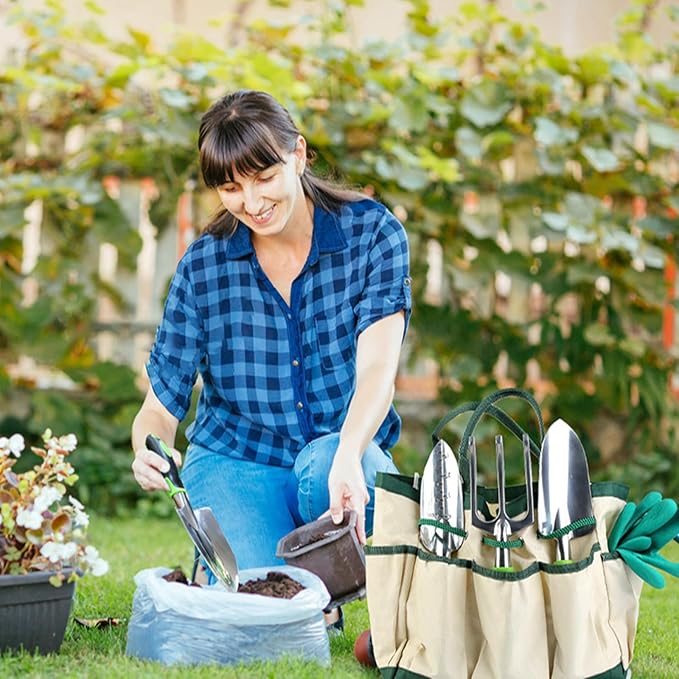 KOCASO Gardening Tools Set 13 Pcs Heavy Duty Gardening Hand Tools Starter Kit with Garden Bag Aluminum Alloy Garden Handle Tools for Plant Gardening for Plant Gardening Garden Gifts for Women Men