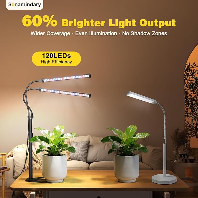 Grow Lights for Indoor Plants 9V 5700K 120LEDs Full Spectrum Plant Lights for Indoor Growing Height Adjustable 9.8-35'' with Stable 360° Flexible Arm Auto 4/8/12H Timer 5 Brightness Levels