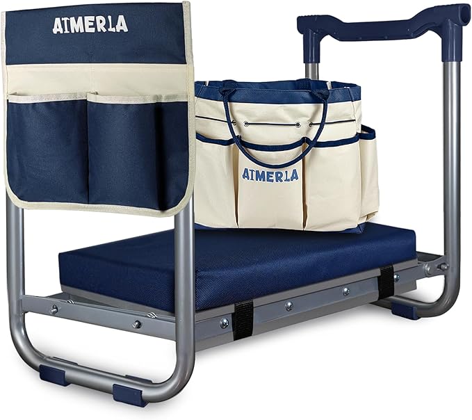 Aimerla K5 Foldable Kneeler Seat - Heavy Duty (Detachable Cloud Kneeler Pad) - Garden Stool - 2 Large Tool Bags - Portable Bench for Indoor &amp Outdoor