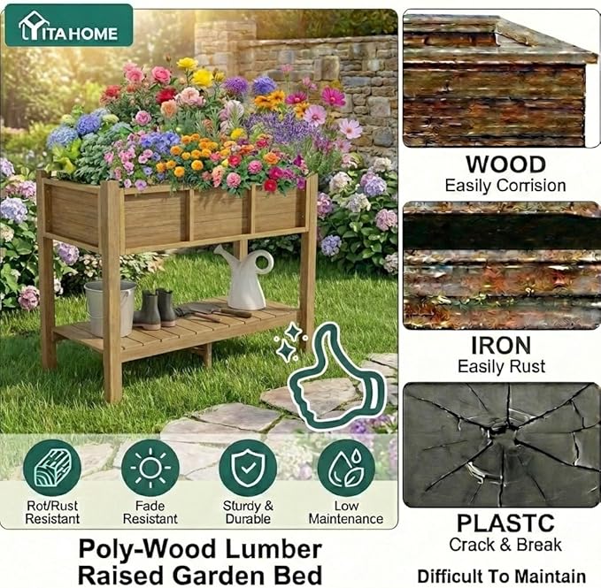 YITAHOME Raised Garden Bed Outdoor HDPE with Shelf 48x18x30in Poly-Wood Weather-Resistant Elevated Planter Box with Legs for Vegetable Flower Herb Garden Bed for Backyard Balcony Garden Brown