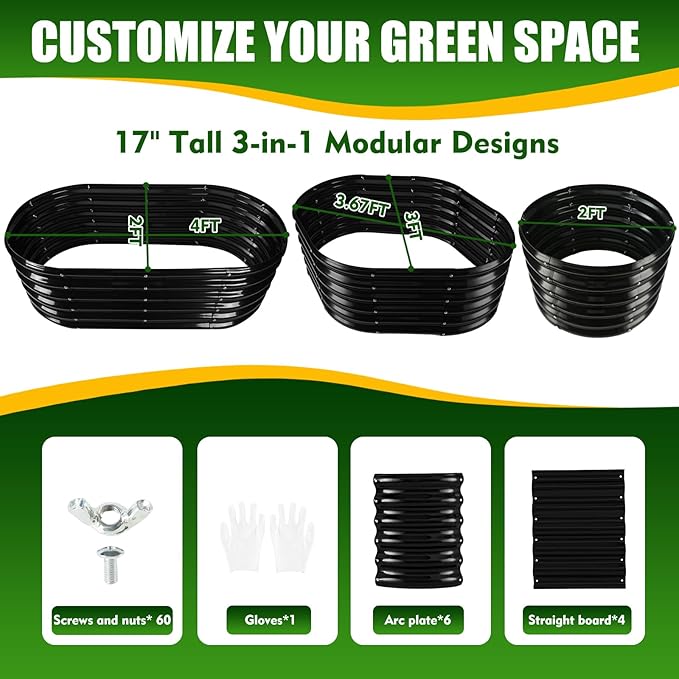 17 Tall Elevated Oval Metal Raised Garden Bed - 4ft x 2ft in Size and 0.8MM Thick Durable Planter Bed/Box for Vegetables Flowers Succulent at Patio/Garden Outdoor (Black 4X2X1.4 FT)