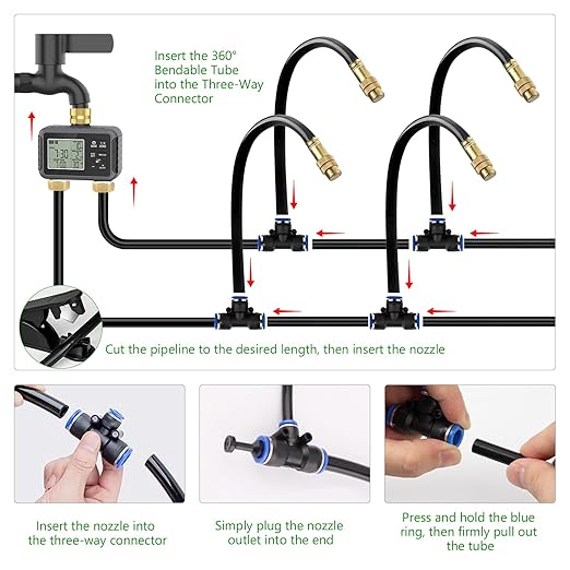 120FT Drip Irrigation System with Smart Water Timer – Automatic Garden Watering Kit with Dual Metal Tube Brass Connectors 360° Adjustable Nozzles &amp Bendable Tubing for Garden Greenhouse &amp La