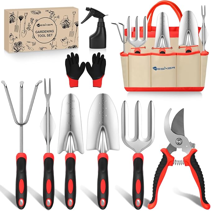 Yesker Gardening Tools 9-Piece Heavy Duty Garden Tool Set Gardening Supplies Gifts for Women Men Gardening Hand Tool Kit with Non-Slip Ergonomic Handle Garden Bag Durable Gloves Pruning Shears Red