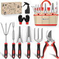 Yesker Gardening Tools 9-Piece Heavy Duty Garden Tool Set Gardening Supplies Gifts for Women Men Gardening Hand Tool Kit with Non-Slip Ergonomic Handle Garden Bag Durable Gloves Pruning Shears Red