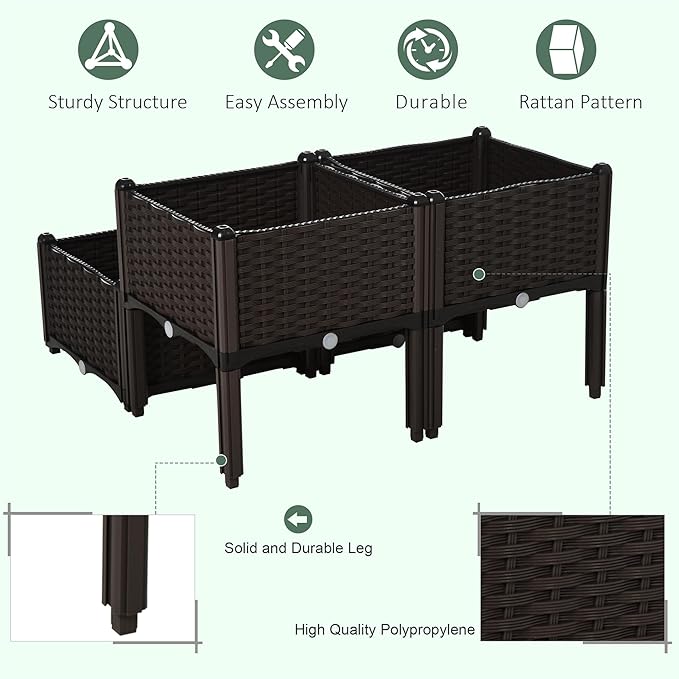 4 Pcs Raised Garden Bed with Legs Self Watering Planter Box Raised Bed to Grow Flowers Herbs Vegetables Brown DN430