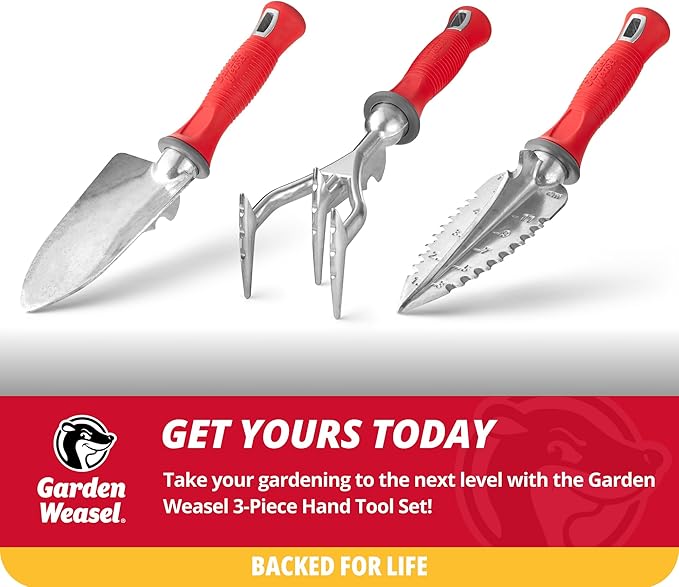 Garden Weasel 3-Piece Hand Tool Combo Set | Trowel Transplanter and Cultivator | Heavy Duty Lawn and Garden Set Digging Planting and Weeding | 91370-Q