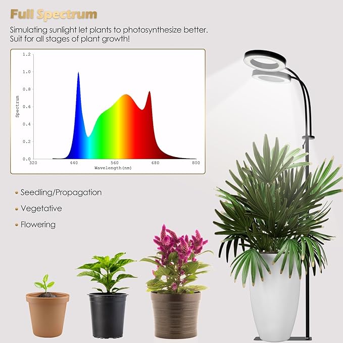 GLOWRIUM Grow Lights for Indoor Plants Full Spectrum LED Grow Light Floor Lamp with Stand Adjustable Height and Angle Black Plant Light with 3/9/12H Grow Light Timer (Black 36W)