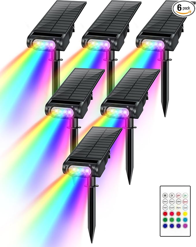 RGB Christmas Solar Spot Lights Outdoor 12 RGB Color Modes Landscape Light Waterproof IP67 with Remote Control 2-in-1 Color Changing RGB/Cool/Warm White for Yard Garden Garden (6 Pack)