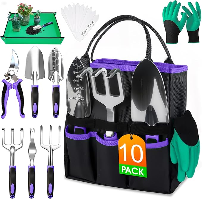 WOWBOX Garden Tools Set - 10 PCS Heavy Duty Gardening Hand Tools Kit with Storage Tote Rust-Resistant Gardening Supplies for Planting with Non-Slip Ergonomic Handle for Women and Men (Purple)