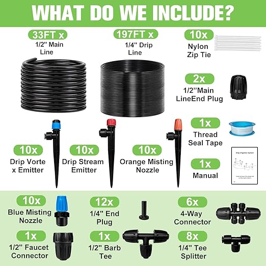 230FT Drip Irrigation System for Garden with 40 Nozzles &amp Emitters Garden Watering System with 1/2 &amp 1/4 Tube and Barbed Fittings - Adjustable Sprinklers Kit for Greenhouse Lawn Raised Be