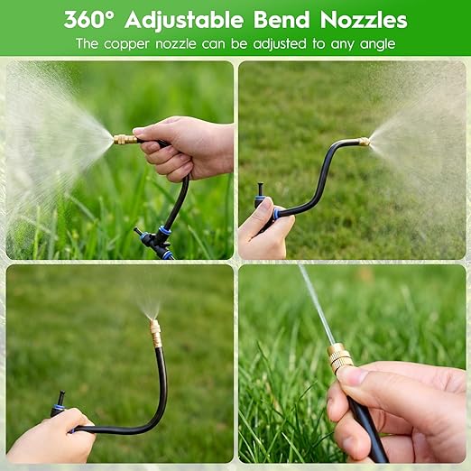 100Ft 360° Adjustable Drip Irrigation System Kit 1/4 Inch PE Tubing with 20 Bendable Nozzles Automatic Garden Watering System for Greenhouse Lawn Raised Bed Flower Bed