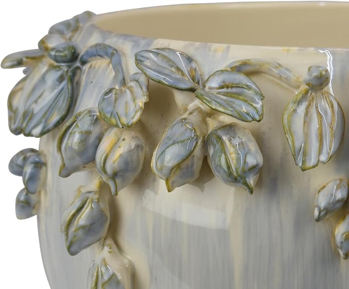 Decorative Bowl Planter White Ceramic with Floral Rim 12 Inch