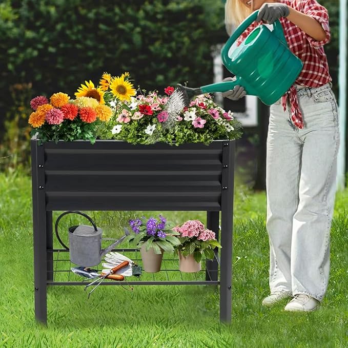 Raised Garden Bed with Legs and Shelf 2pcs 32x20x31.5 Elevated Metal Planter with Legs for Outdoor Vegetables and Herbs Standing Raised Beds for Balcony Patio Lawn and Backyard