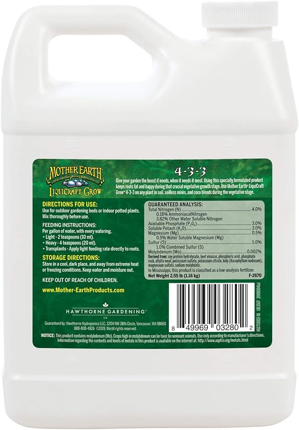 Mother Earth Products LiquiCraft Grow 4-3-3 and Mother Earth LiquiCraft Bloom 2-4-4 Liquid Fertilizer Bundle 1 Quart EachWhite