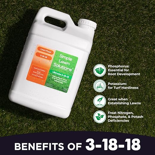 Ultimate 3-18-18 NPK- Lawn Food Liquid Fertilizer- Easy to Use Concentrated Spray- Any Grass Type- Summer &amp Fall Nutrients- Simple Lawn Solutions - Turf Hardiness &amp Root Vigor (2.5 Gallon)