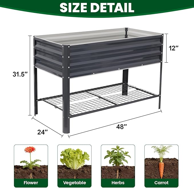 1MORE Elevated Raised Garden Bed with Legs &amp Storage Rack 48×24×32in Large Metal Raised Bed for Backyard Patio. Raised Planter Box with Drainage Holes for Plants Vegetables Flowers Fruits(Grey-1