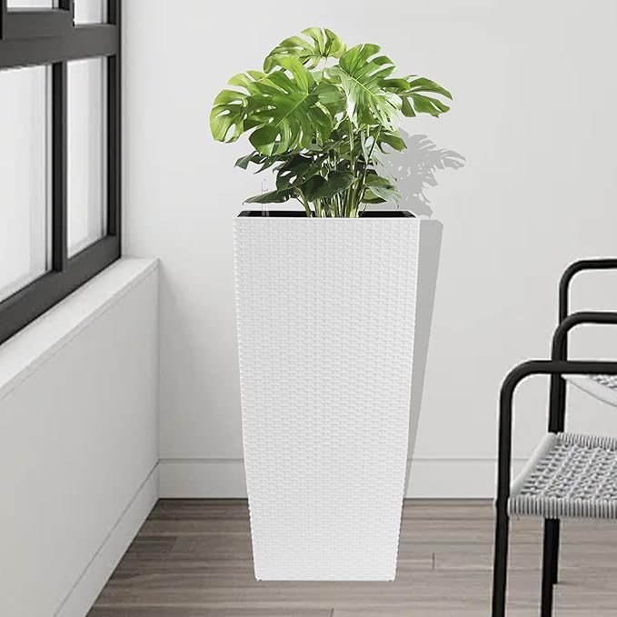 IndoorOutdoor Faux Rattan Square Planter 30 Inch White Plastic Large Planter with Automatic Watering System for Home and G(White 30 Inch 1)