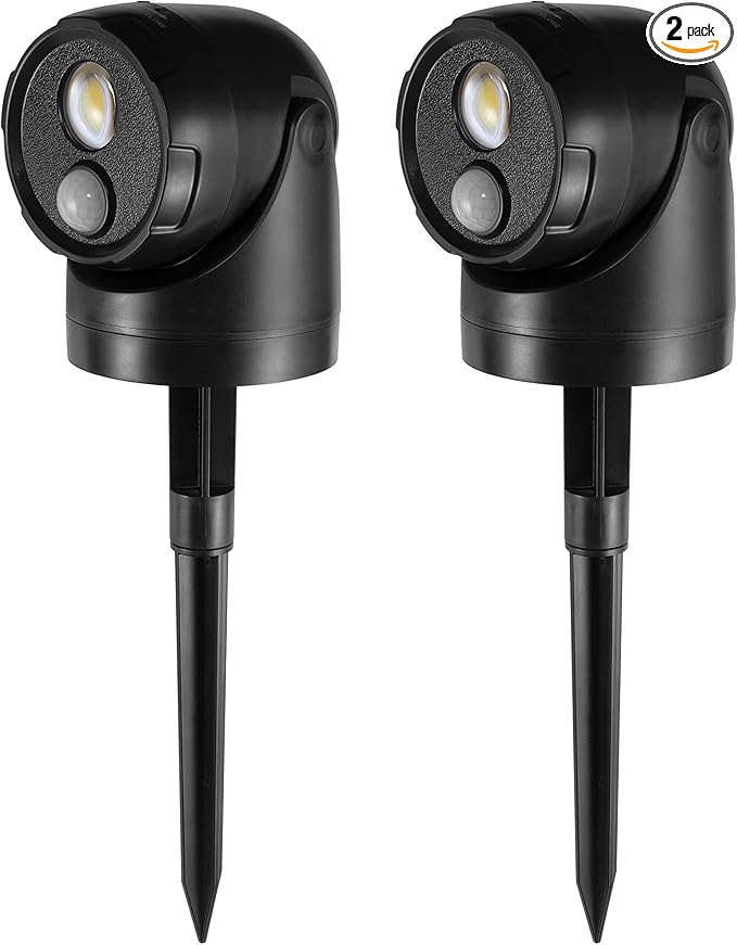 Large 2-in-1 LED Motion Sensor Outdoor Spotlight IP44 Waterproof 450 Lumen Battery Operated Landscape Light Adjustable Wall Light for Yard Garden House 2 Pack (Black)