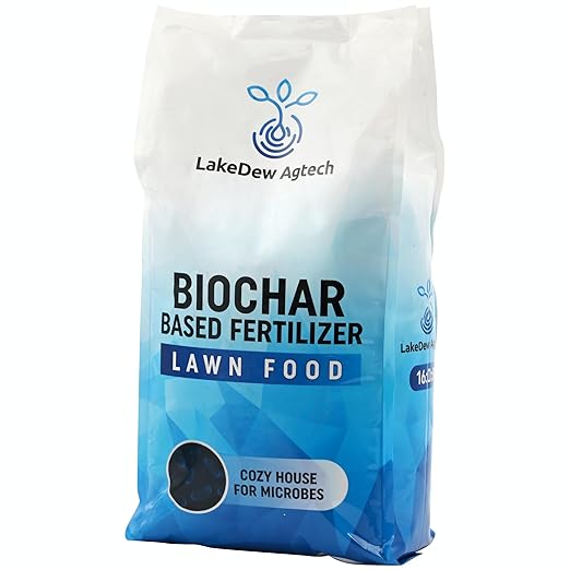 LakeDew Biochar Lawn Fertilizer 16‑0‑8 – Moisture Retention &amp Microbial Boost – Fix New Construction or Sandy Soils – Eco‑Friendly Covers 2500‑6000 sq ft